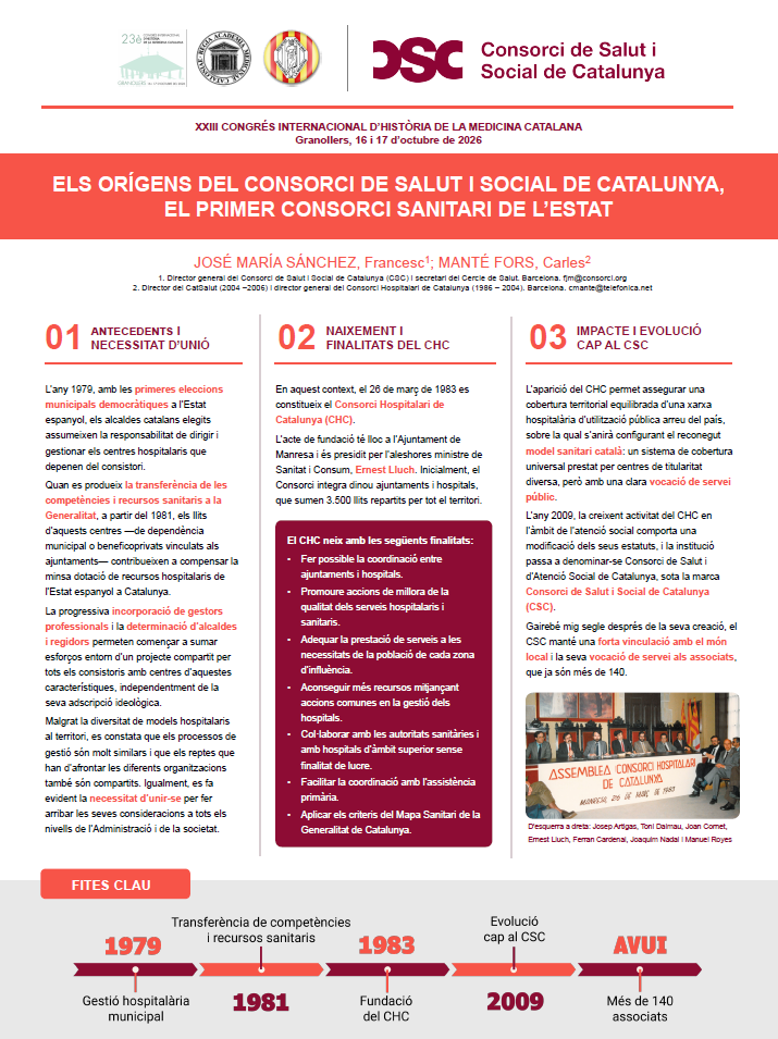 Pòster "Els orígens el Consorci de Salut i Social de Catalunya, el primer consorci sanitari de l'estat"